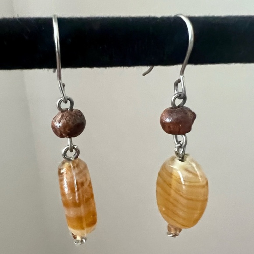 Beaded Dangle Earrings in Gold/Brown Silvertone